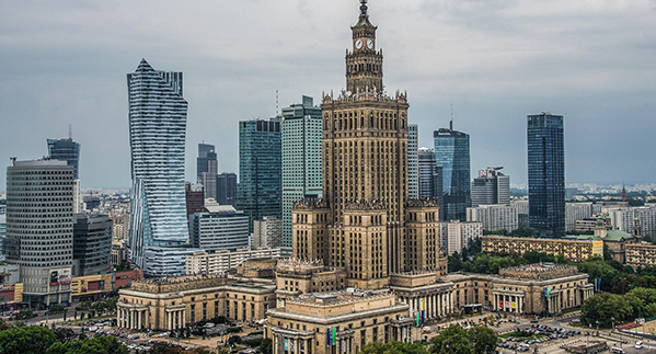 Warsaw, Poland. Aerial view Palace of Culture and Science and downtown business skyscrapers, city center